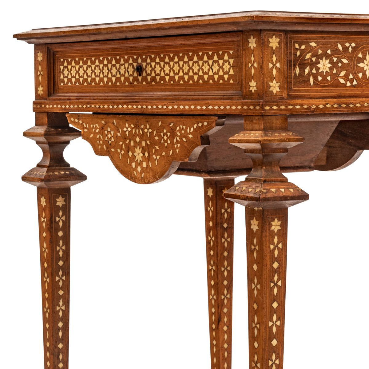 Antique Anglo Indian Teak Mahogany Inlaid Marquetry Work Side Sewing Table, Circa 1870