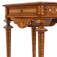 Antique Anglo Indian Teak Mahogany Inlaid Marquetry Work Side Sewing Table, Circa 1870