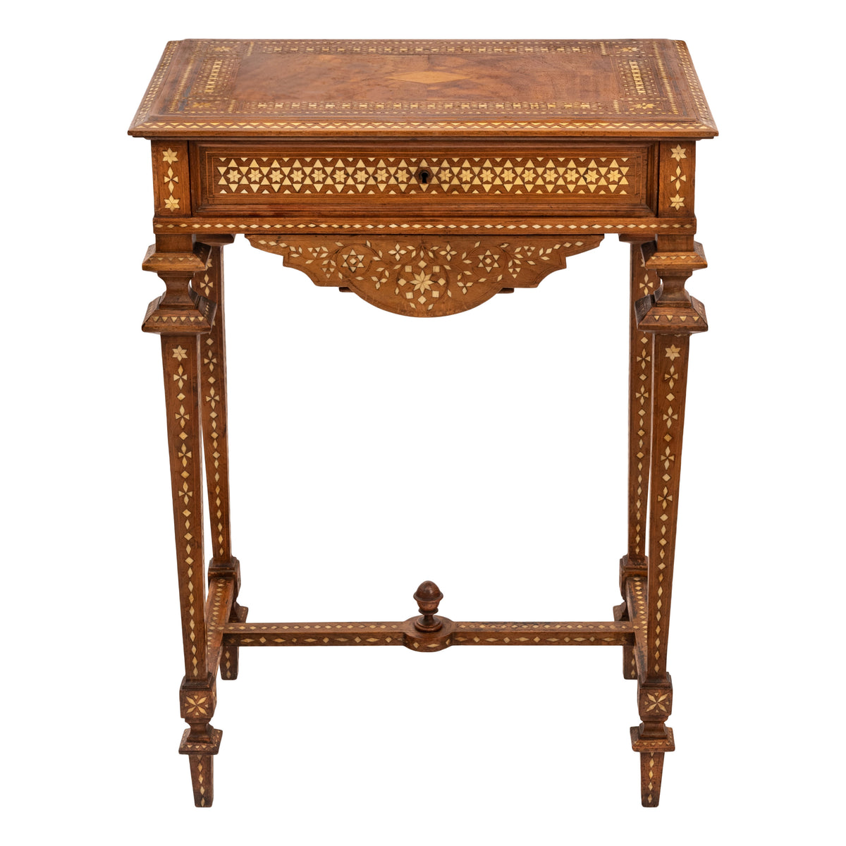 Antique Anglo Indian Teak Mahogany Inlaid Marquetry Work Side Sewing Table, Circa 1870