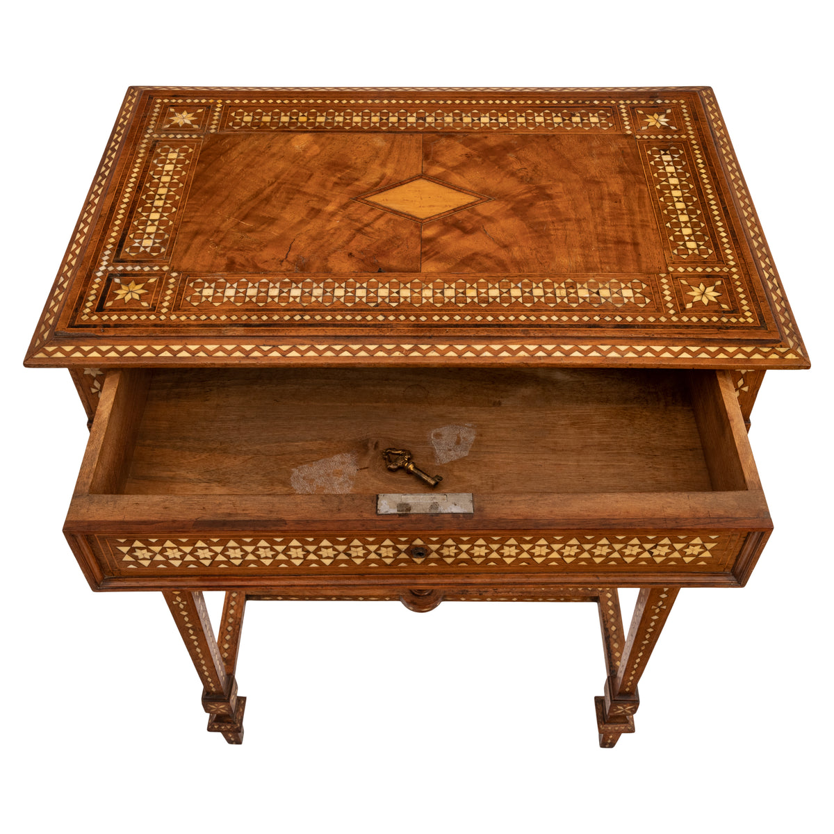 Antique Anglo Indian Teak Mahogany Inlaid Marquetry Work Side Sewing Table, Circa 1870