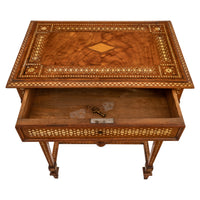 Antique Anglo Indian Teak Mahogany Inlaid Marquetry Work Side Sewing Table, Circa 1870
