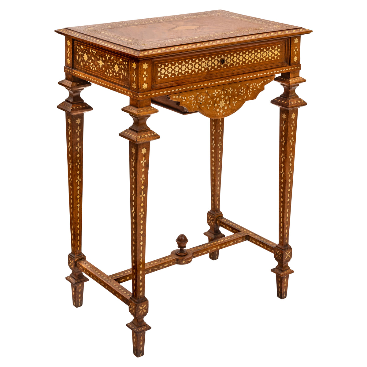 Antique Anglo Indian Teak Mahogany Inlaid Marquetry Work Side Sewing Table, Circa 1870