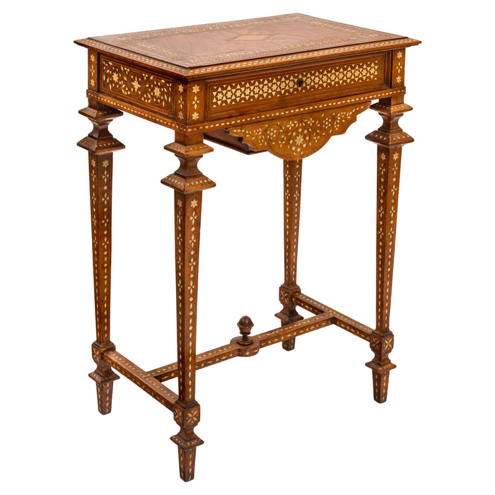 Antique Anglo Indian Teak Mahogany Inlaid Marquetry Work Side Sewing Table, Circa 1870