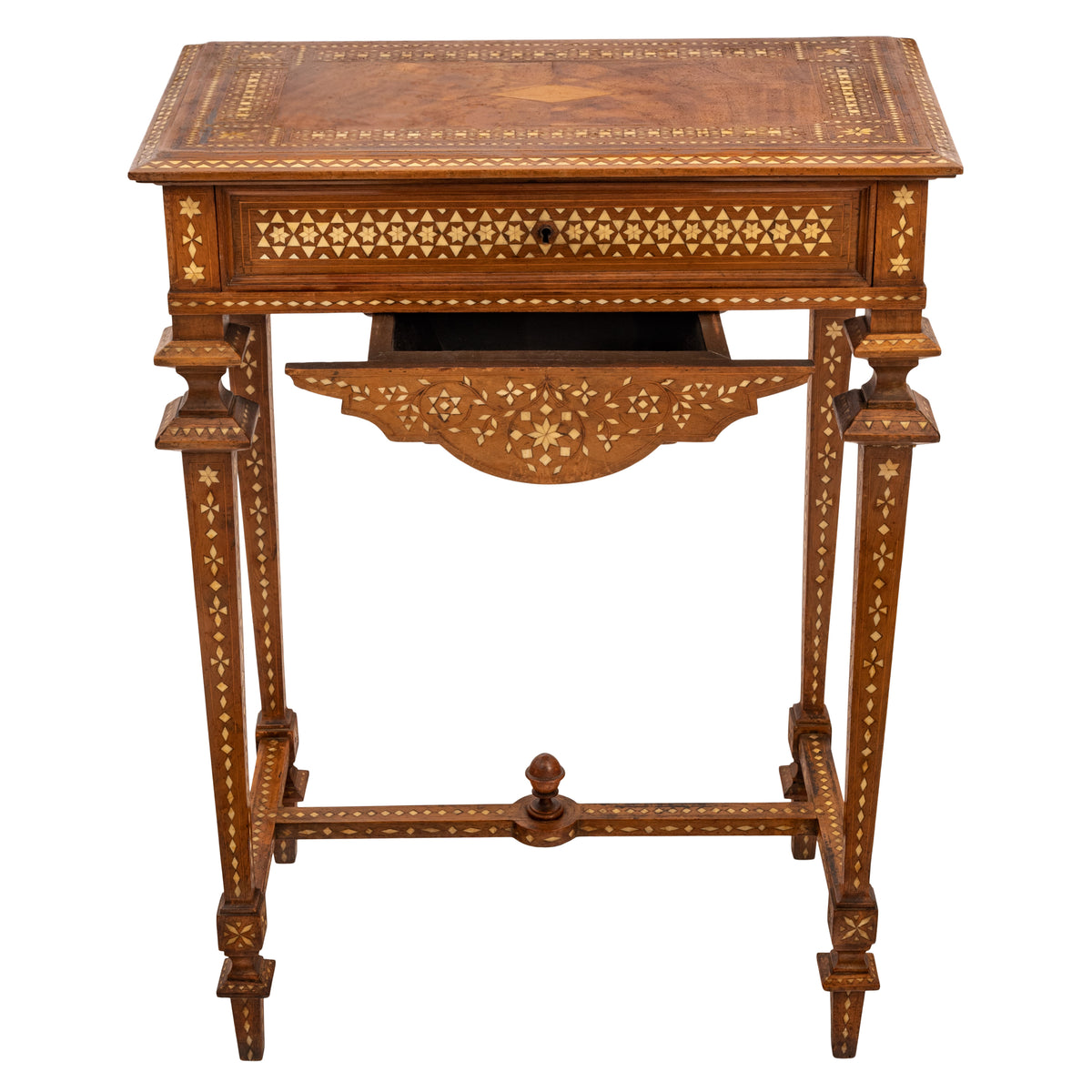 Antique Anglo Indian Teak Mahogany Inlaid Marquetry Work Side Sewing Table, Circa 1870