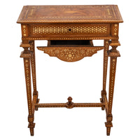 Antique Anglo Indian Teak Mahogany Inlaid Marquetry Work Side Sewing Table, Circa 1870
