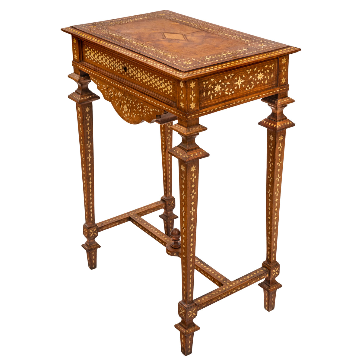 Antique Anglo Indian Teak Mahogany Inlaid Marquetry Work Side Sewing Table, Circa 1870