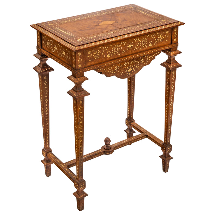 Antique Anglo Indian Teak Mahogany Inlaid Marquetry Work Side Sewing Table, Circa 1870