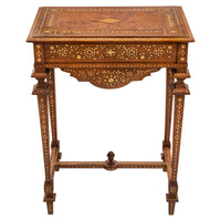 Antique Anglo Indian Teak Mahogany Inlaid Marquetry Work Side Sewing Table, Circa 1870