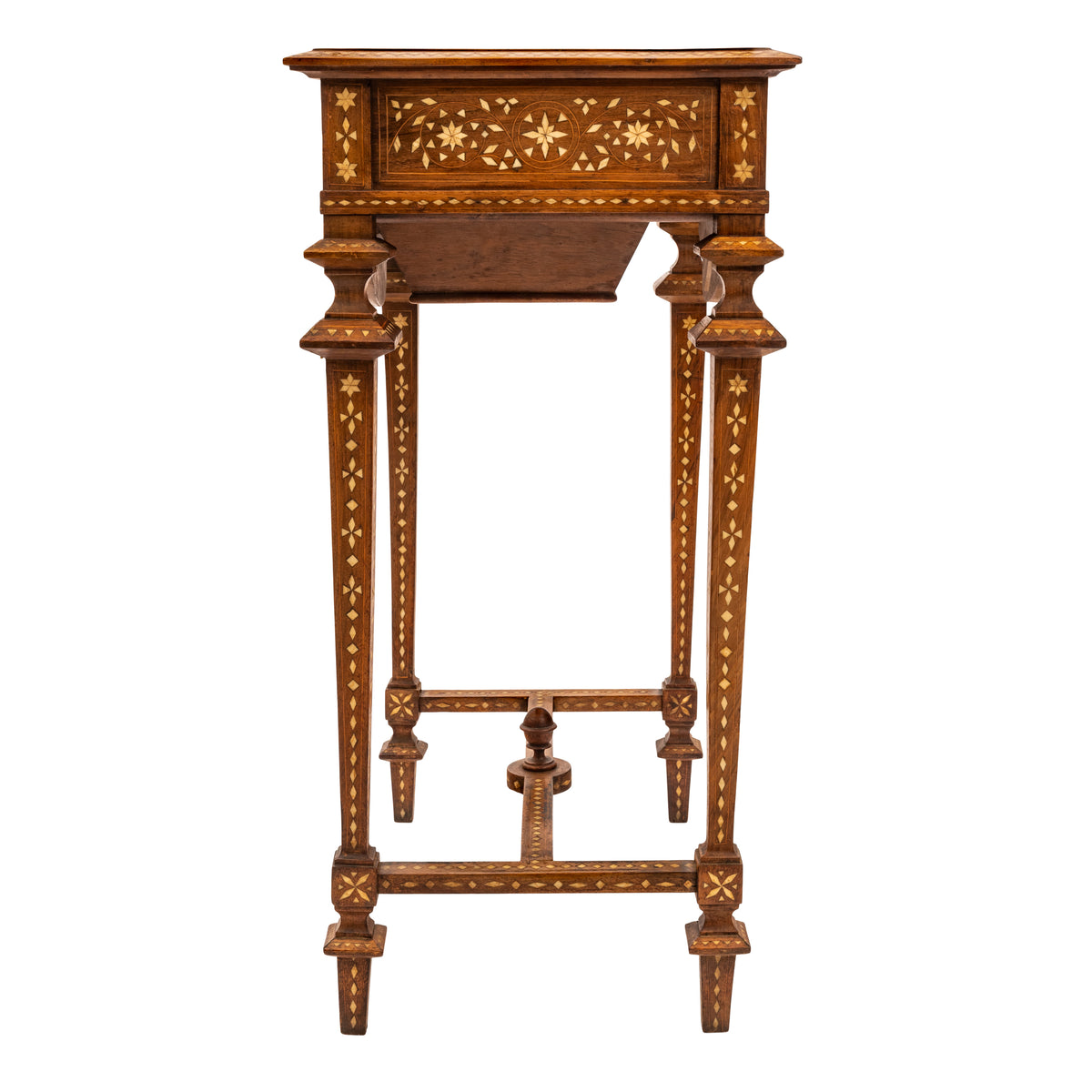 Antique Anglo Indian Teak Mahogany Inlaid Marquetry Work Side Sewing Table, Circa 1870