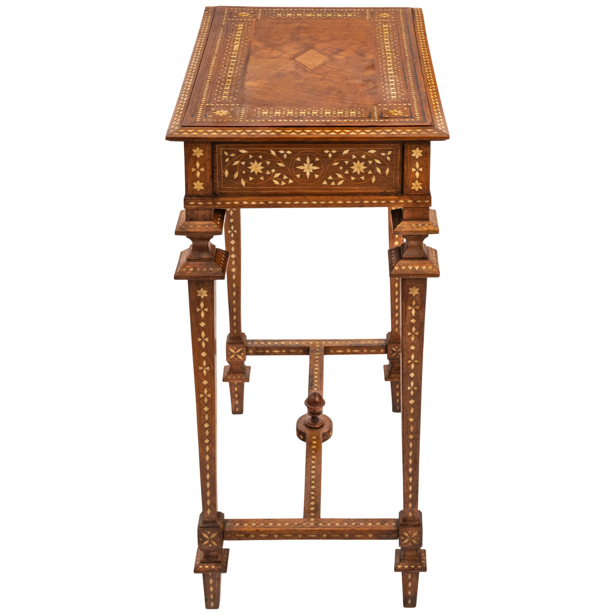 Antique Anglo Indian Teak Mahogany Inlaid Marquetry Work Side Sewing Table, Circa 1870