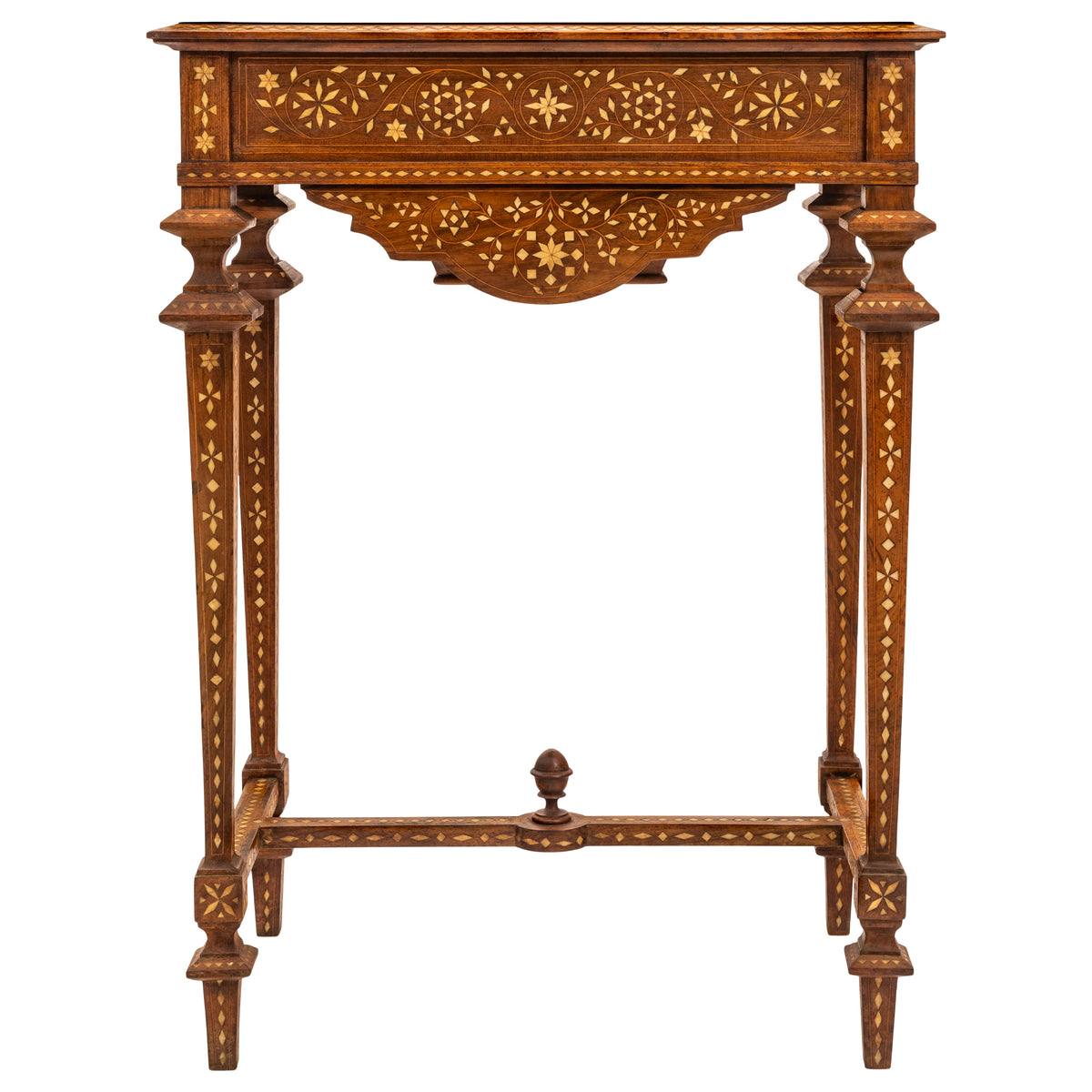 Antique Anglo Indian Teak Mahogany Inlaid Marquetry Work Side Sewing Table, Circa 1870