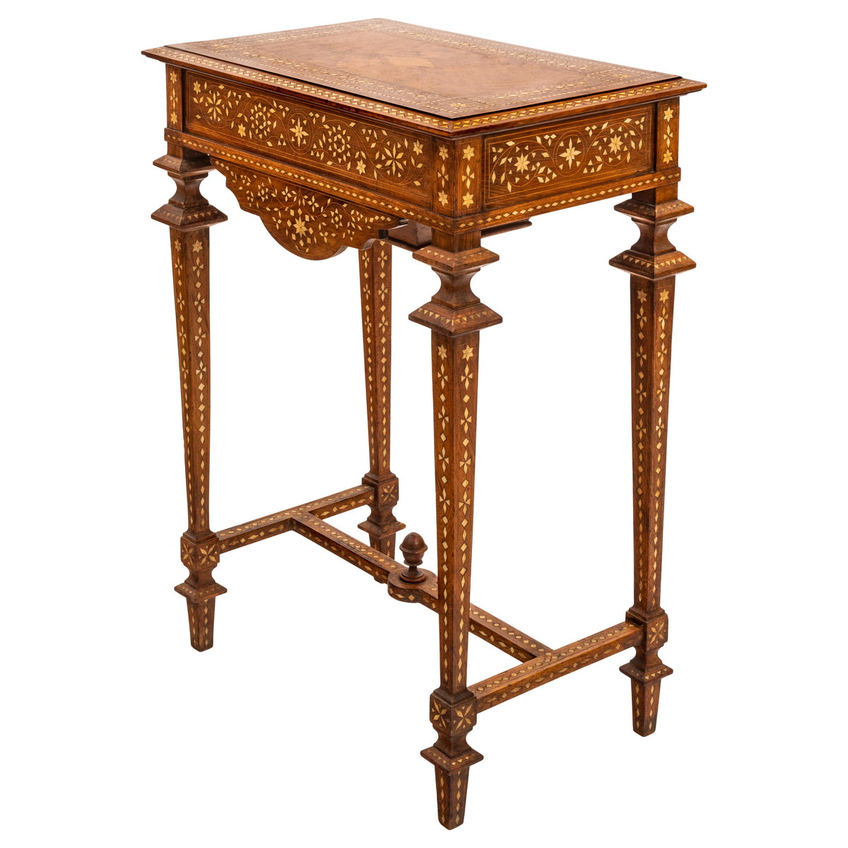 Antique Anglo Indian Teak Mahogany Inlaid Marquetry Work Side Sewing Table, Circa 1870