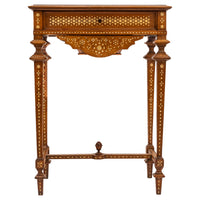Antique Anglo Indian Teak Mahogany Inlaid Marquetry Work Side Sewing Table, Circa 1870