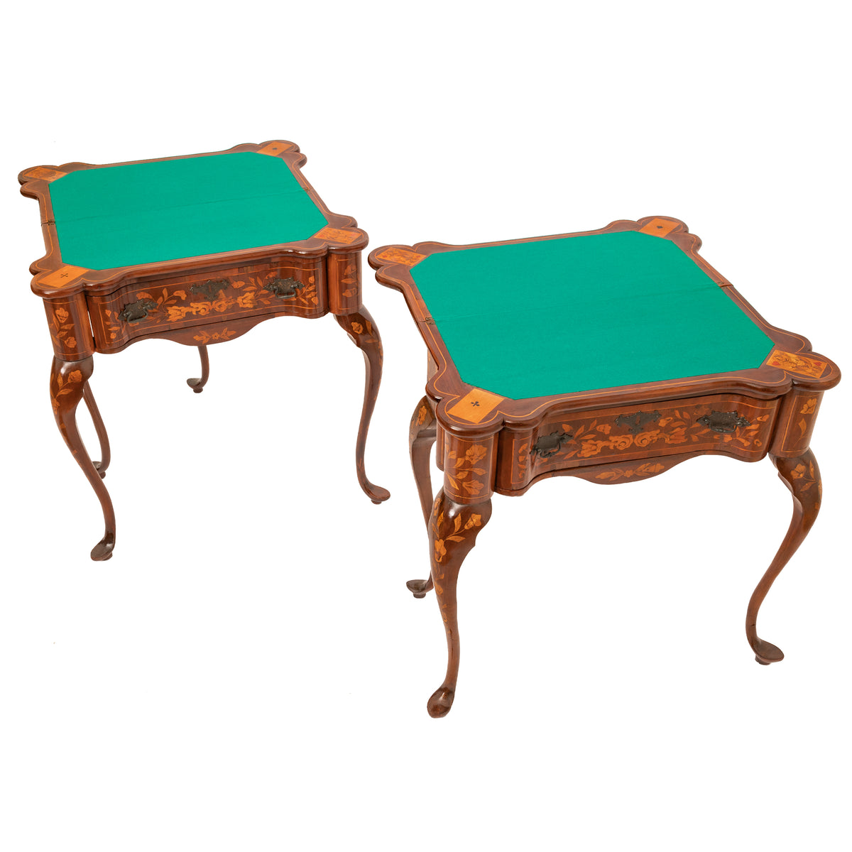 Pair Antique 18th Century Dutch Walnut Marquetry Card Game Console Tables, Circa 1820