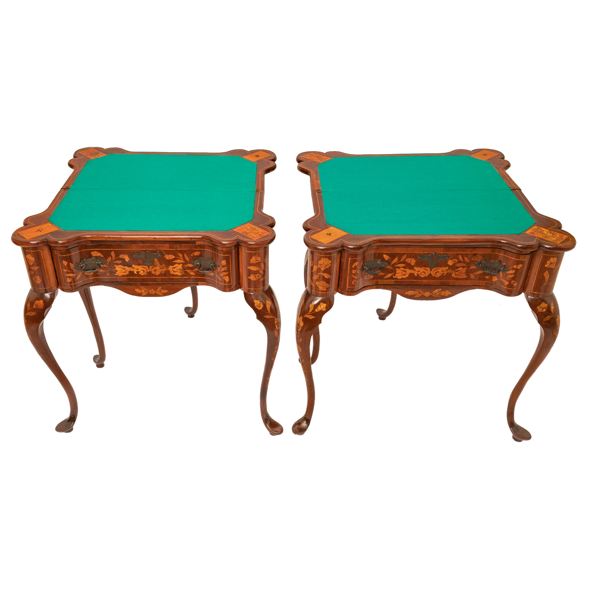 Pair Antique 18th Century Dutch Walnut Marquetry Card Game Console Tables, Circa 1820
