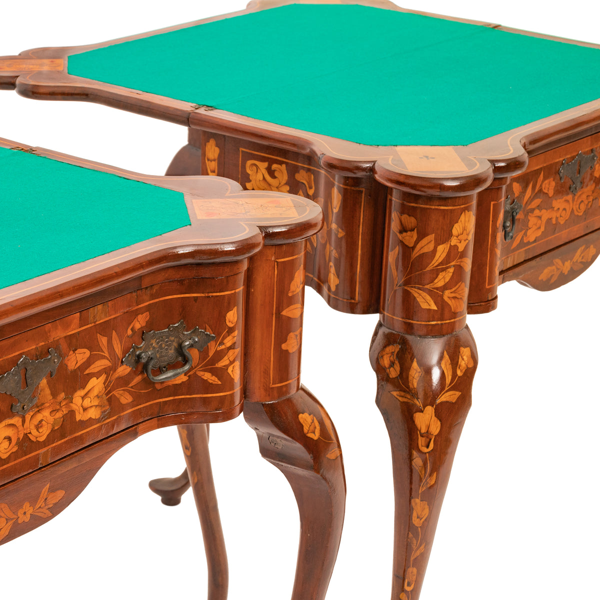 Pair Antique 18th Century Dutch Walnut Marquetry Card Game Console Tables, Circa 1820