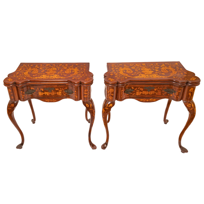 Pair Antique 18th Century Dutch Walnut Marquetry Card Game Console Tables, Circa 1820