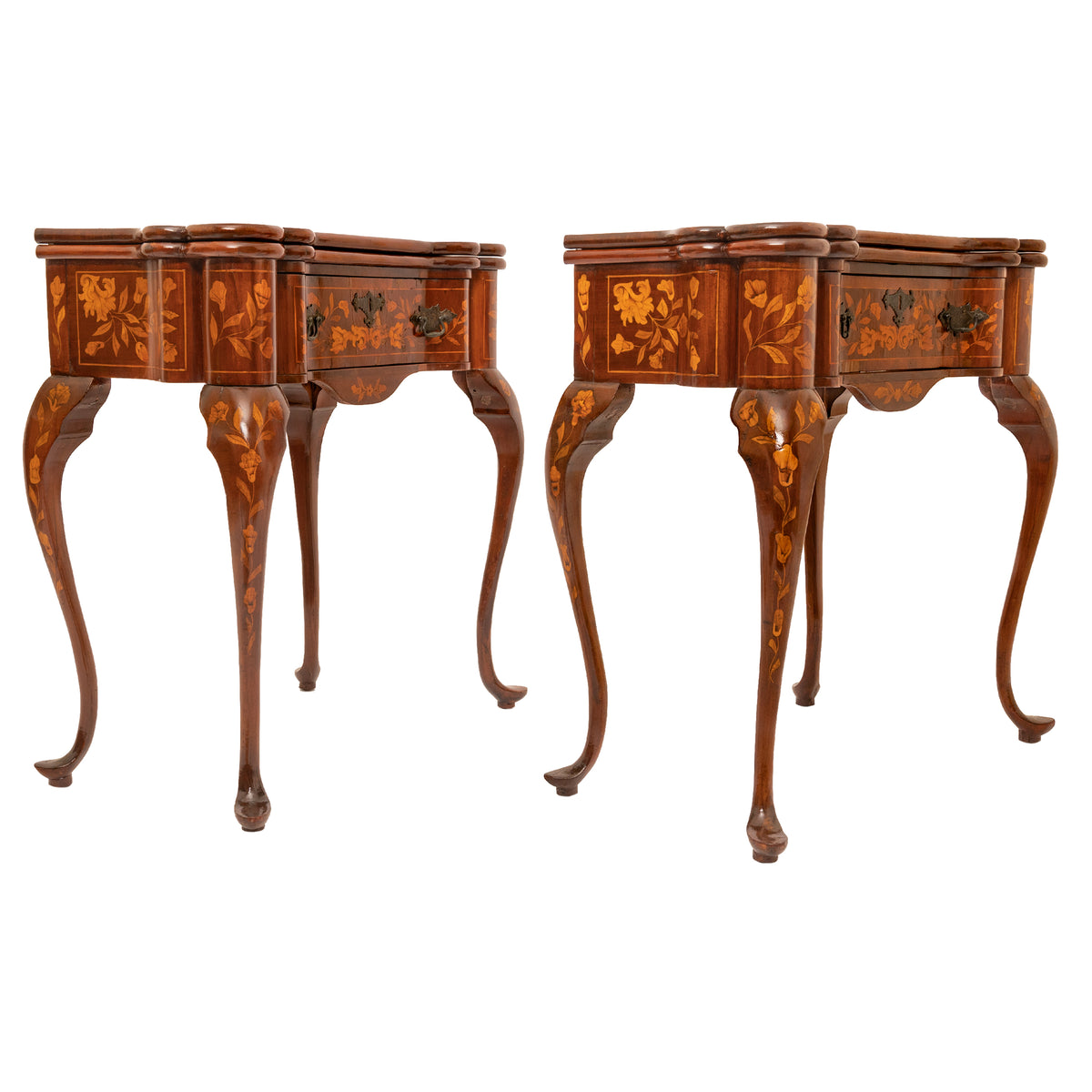 Pair Antique 18th Century Dutch Walnut Marquetry Card Game Console Tables, Circa 1820