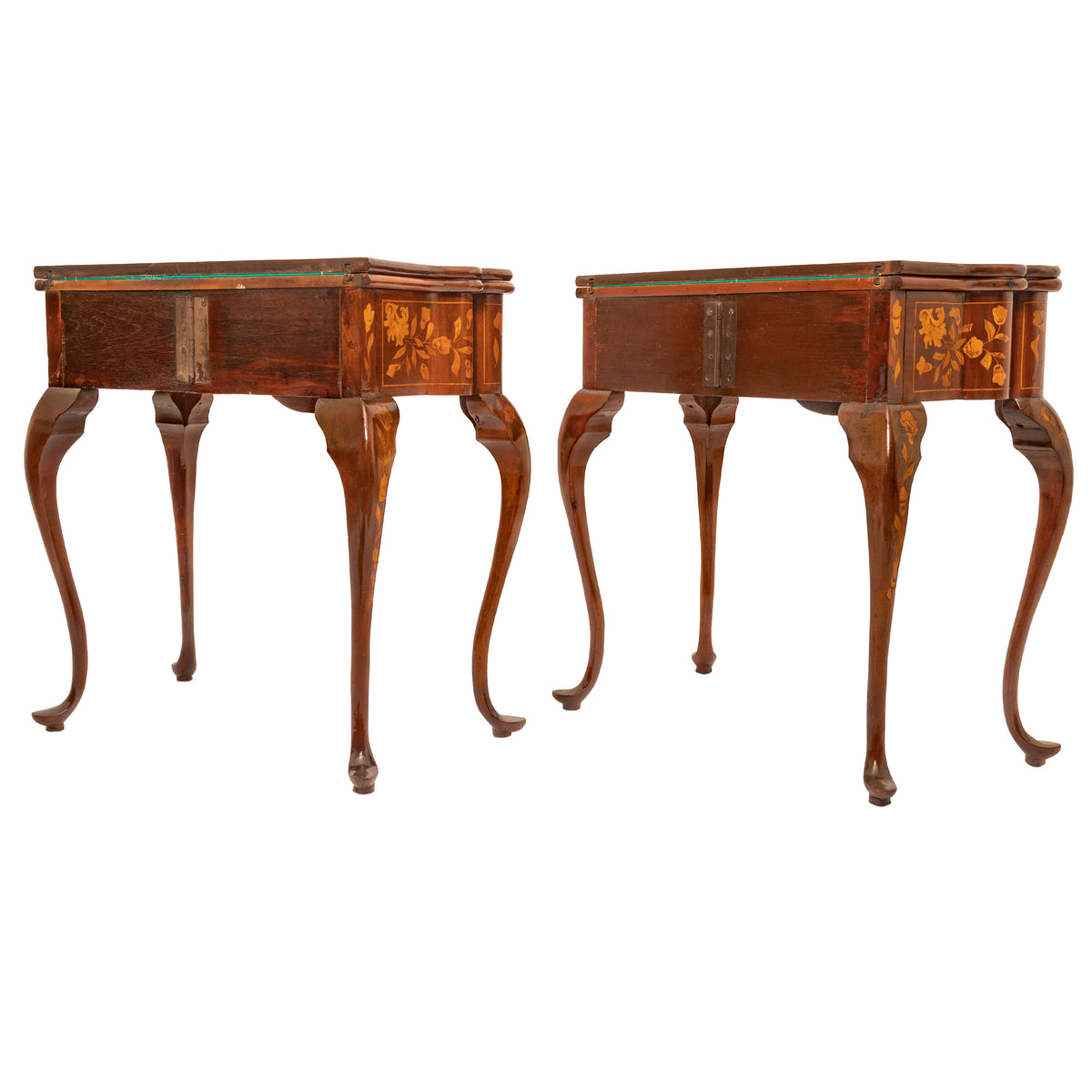 Pair Antique 18th Century Dutch Walnut Marquetry Card Game Console Tables, Circa 1820