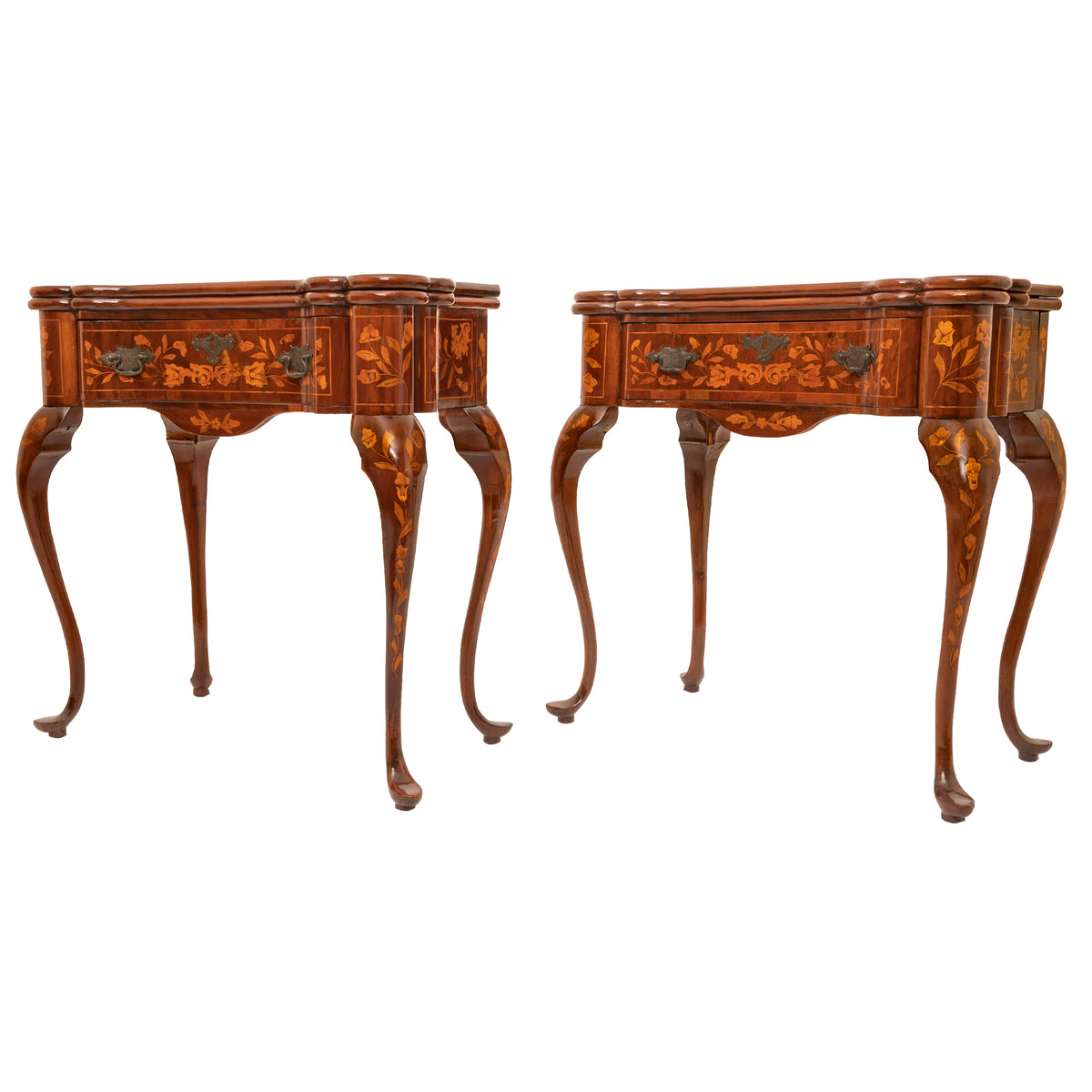 Pair Antique 18th Century Dutch Walnut Marquetry Card Game Console Tables, Circa 1820