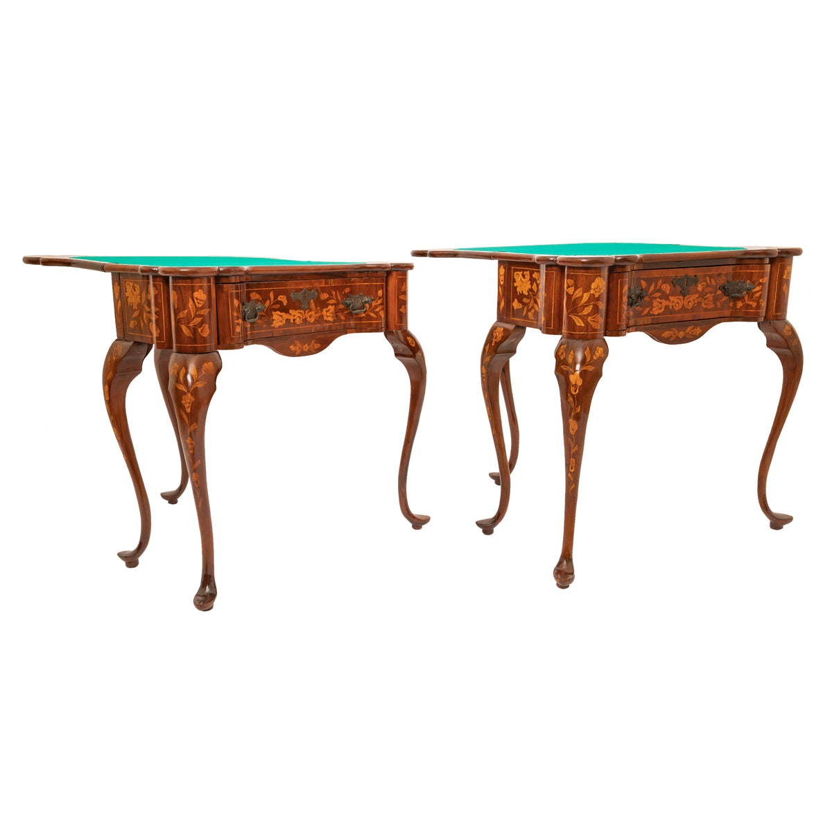 Pair Antique 18th Century Dutch Walnut Marquetry Card Game Console Tables, Circa 1820