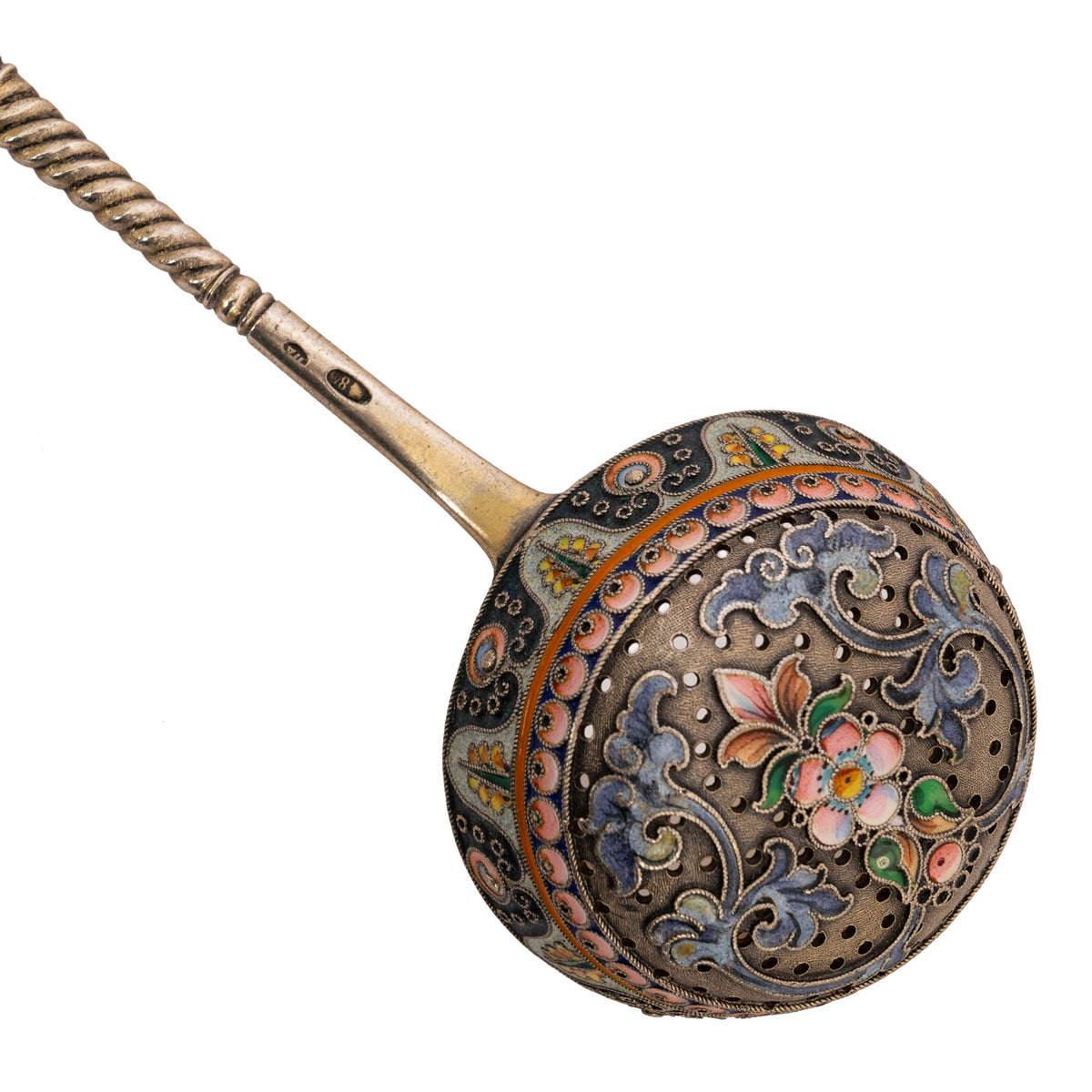 Antique Imperial Russian Sliver Gilt Cloisonné Enamel Tea Strainer Moscow, Circa 1908