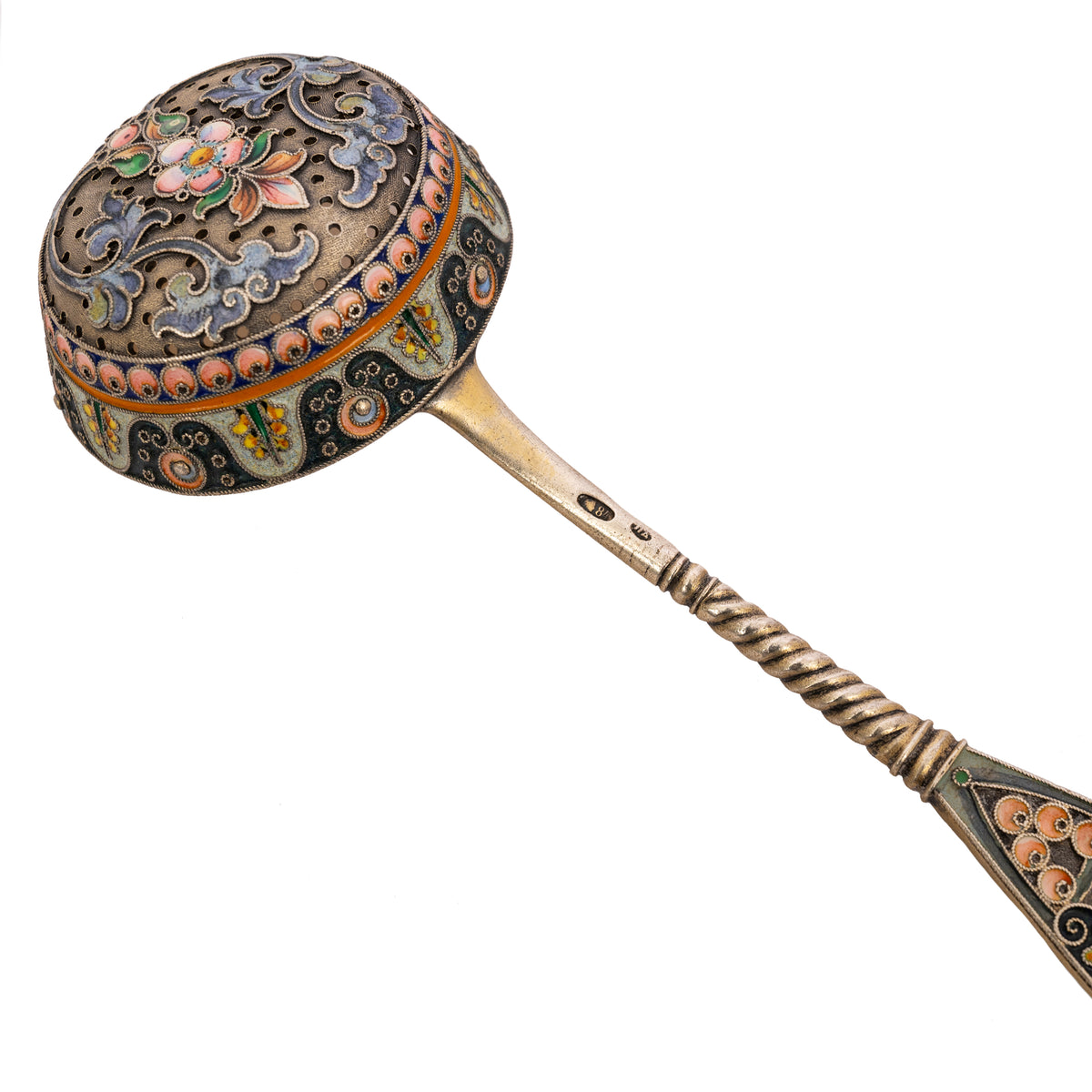 Antique Imperial Russian Sliver Gilt Cloisonné Enamel Tea Strainer Moscow, Circa 1908