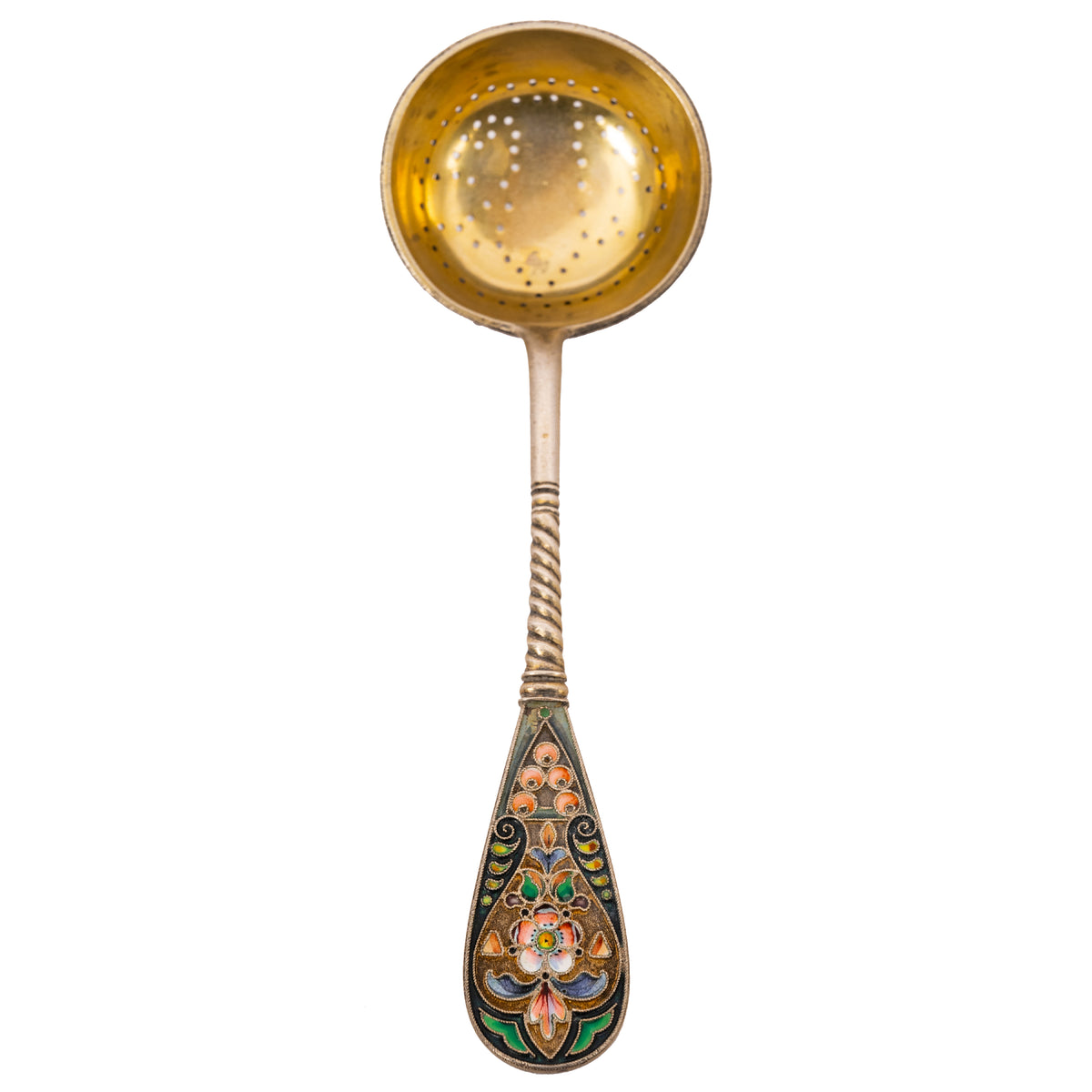 Antique Imperial Russian Sliver Gilt Cloisonné Enamel Tea Strainer Moscow, Circa 1908