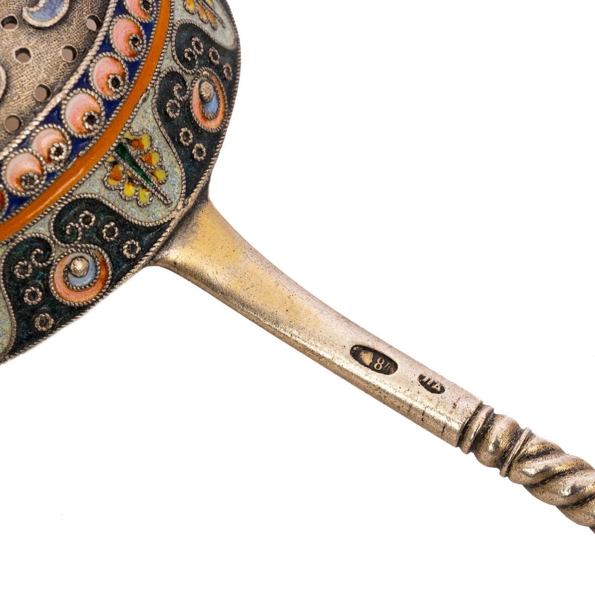 Antique Imperial Russian Sliver Gilt Cloisonné Enamel Tea Strainer Moscow, Circa 1908