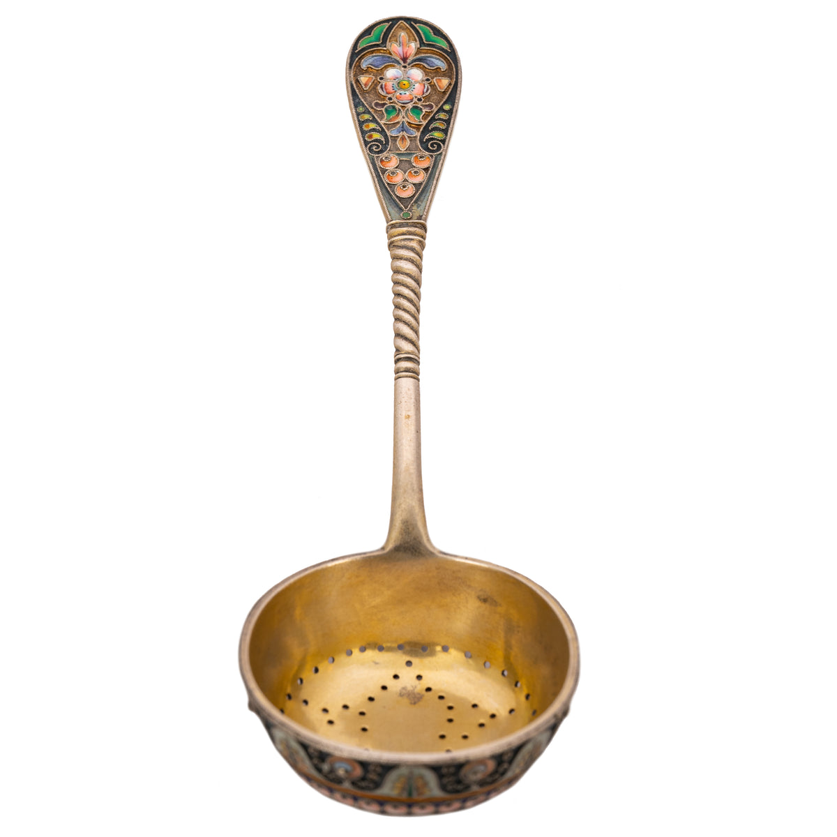 Antique Imperial Russian Sliver Gilt Cloisonné Enamel Tea Strainer Moscow, Circa 1908