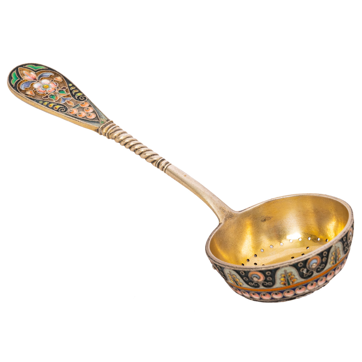Antique Imperial Russian Sliver Gilt Cloisonné Enamel Tea Strainer Moscow, Circa 1908