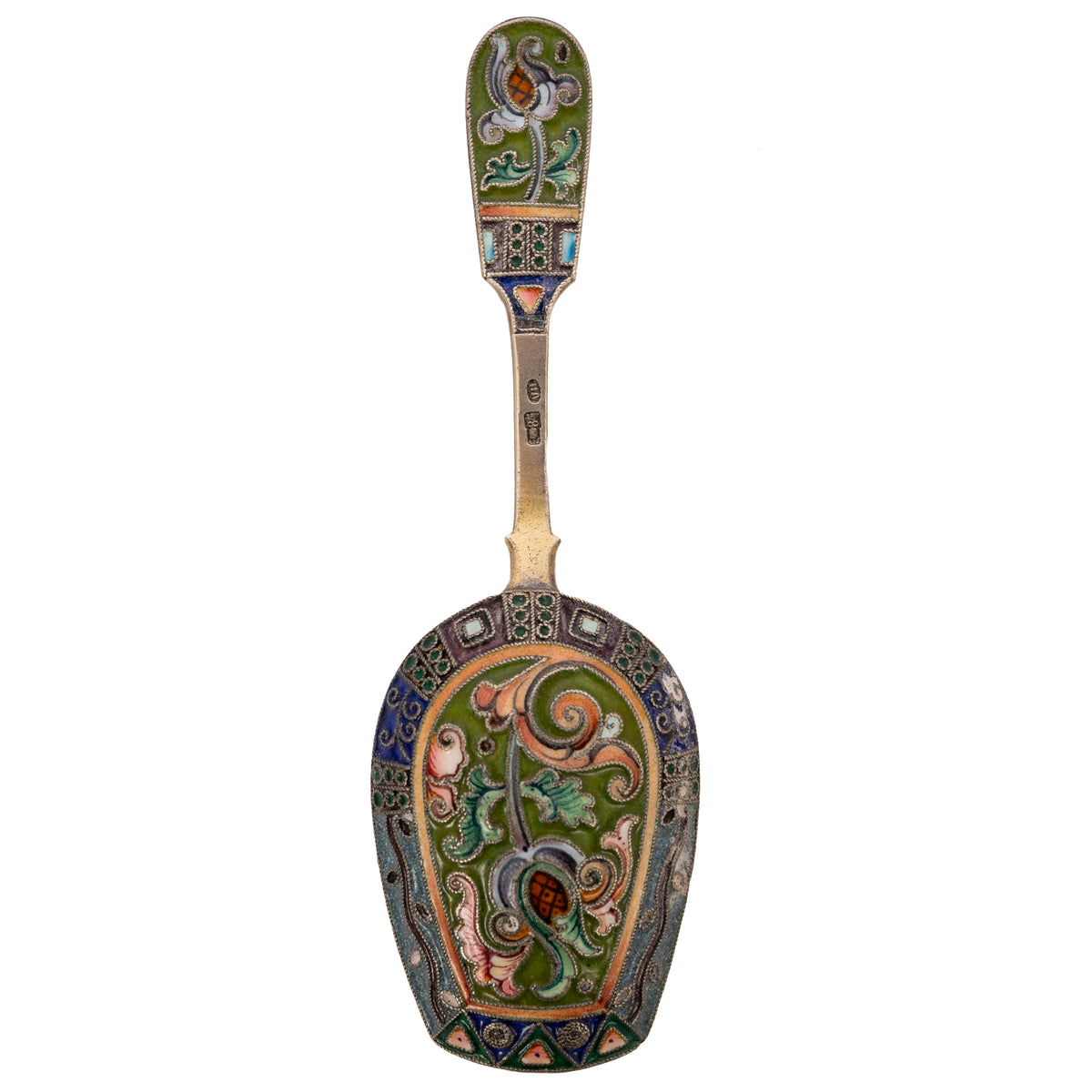 Antique Imperial Russian Silver Gilt Cloisonné Shovel Caddy Spoon Moscow, 1908