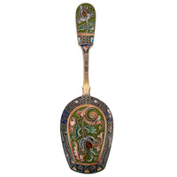 Antique Imperial Russian Silver Gilt Cloisonné Shovel Caddy Spoon Moscow, 1908