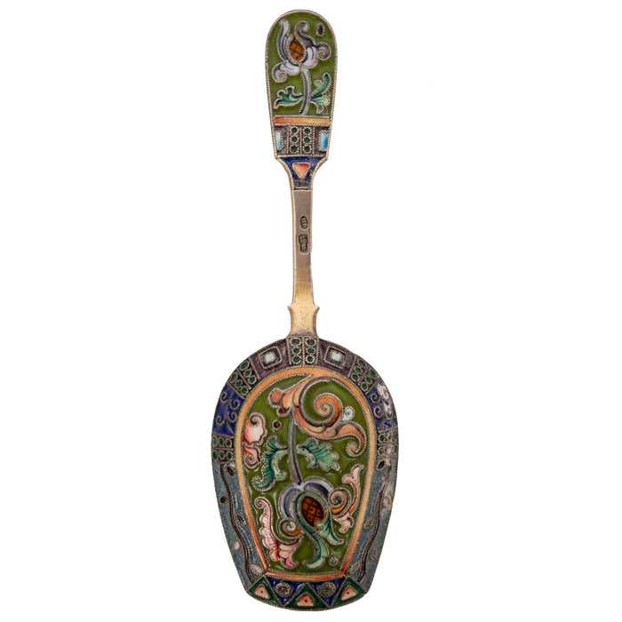 Antique Imperial Russian Silver Gilt Cloisonné Shovel Caddy Spoon Moscow, 1908