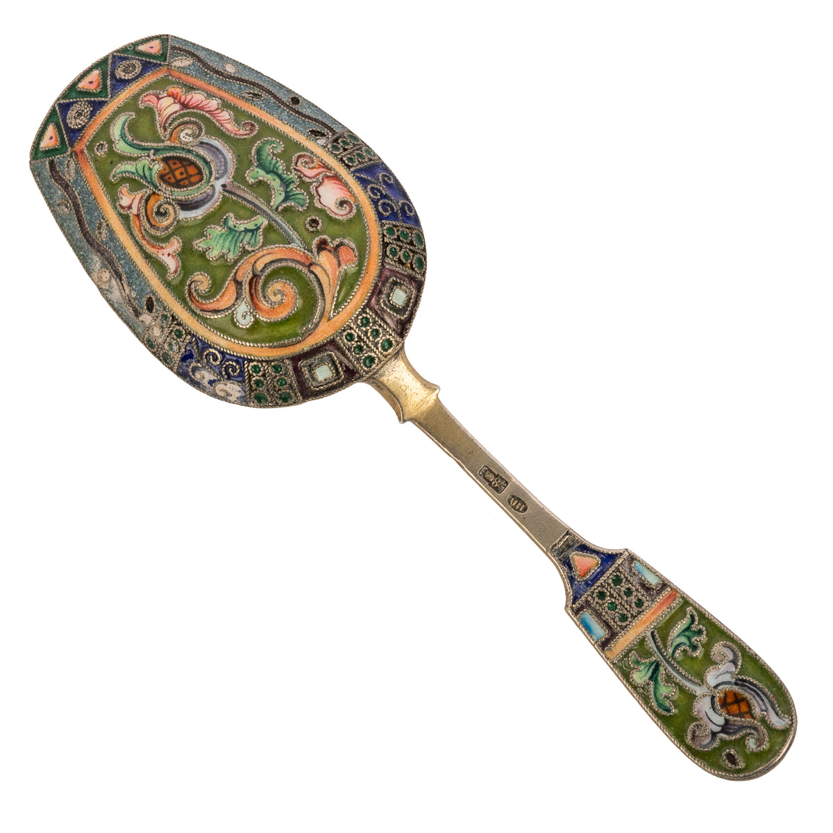 Antique Imperial Russian Silver Gilt Cloisonné Shovel Caddy Spoon Moscow, 1908