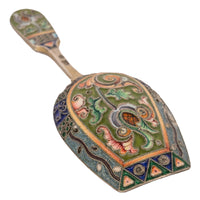 Antique Imperial Russian Silver Gilt Cloisonné Shovel Caddy Spoon Moscow, 1908