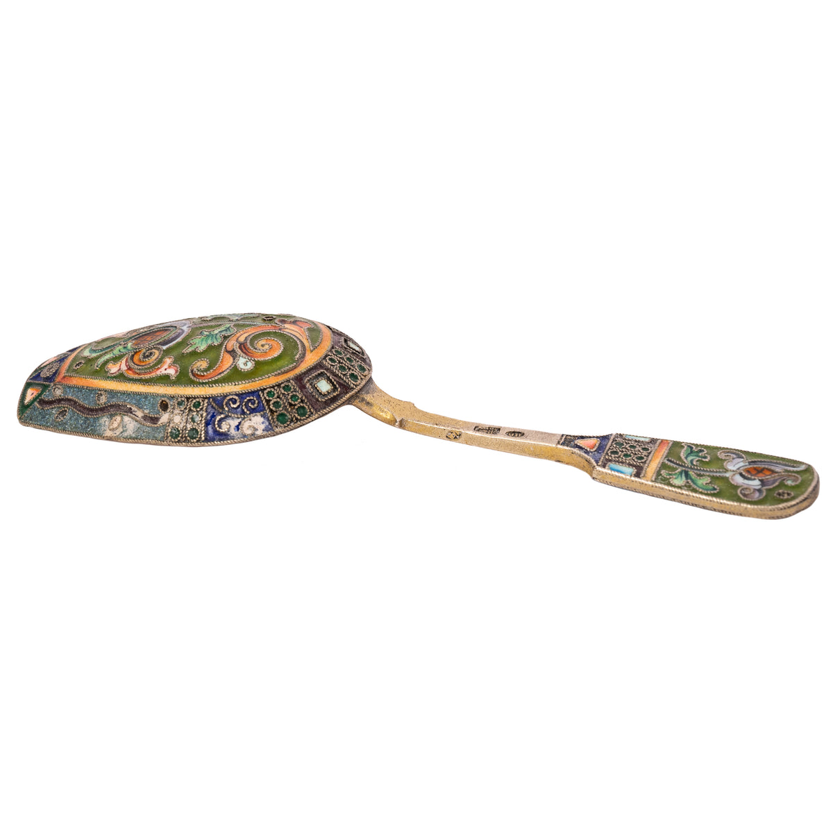 Antique Imperial Russian Silver Gilt Cloisonné Shovel Caddy Spoon Moscow, 1908