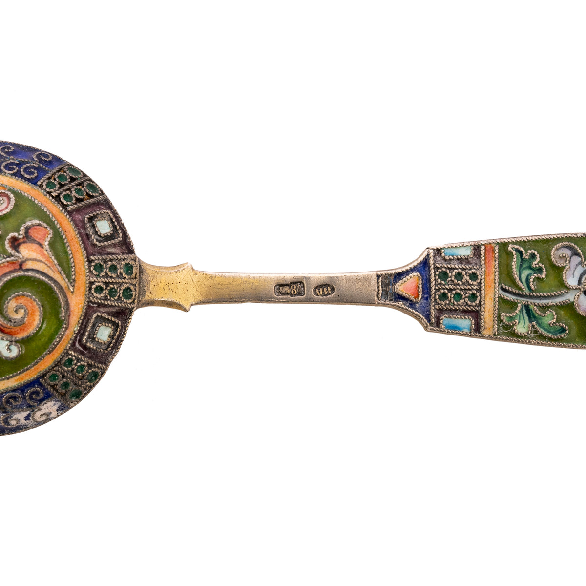Antique Imperial Russian Silver Gilt Cloisonné Shovel Caddy Spoon Moscow, 1908