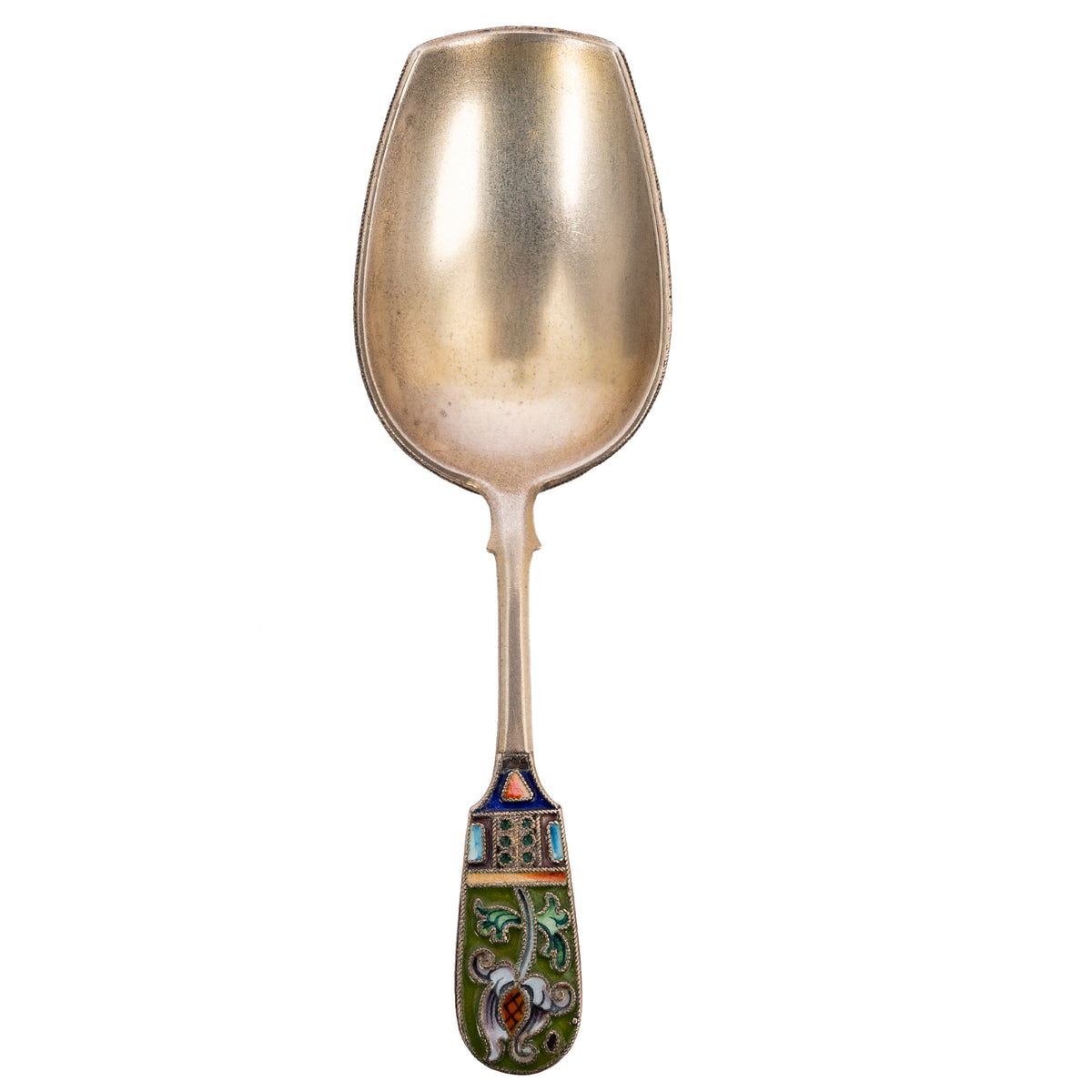 Antique Imperial Russian Silver Gilt Cloisonné Shovel Caddy Spoon Moscow, 1908