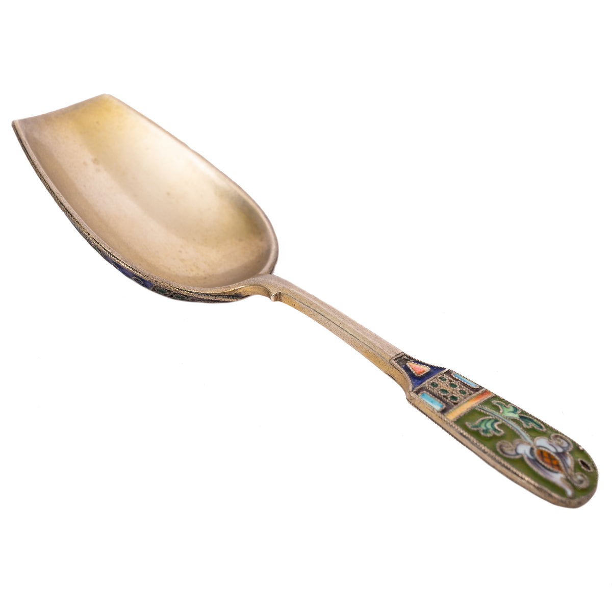 Antique Imperial Russian Silver Gilt Cloisonné Shovel Caddy Spoon Moscow, 1908