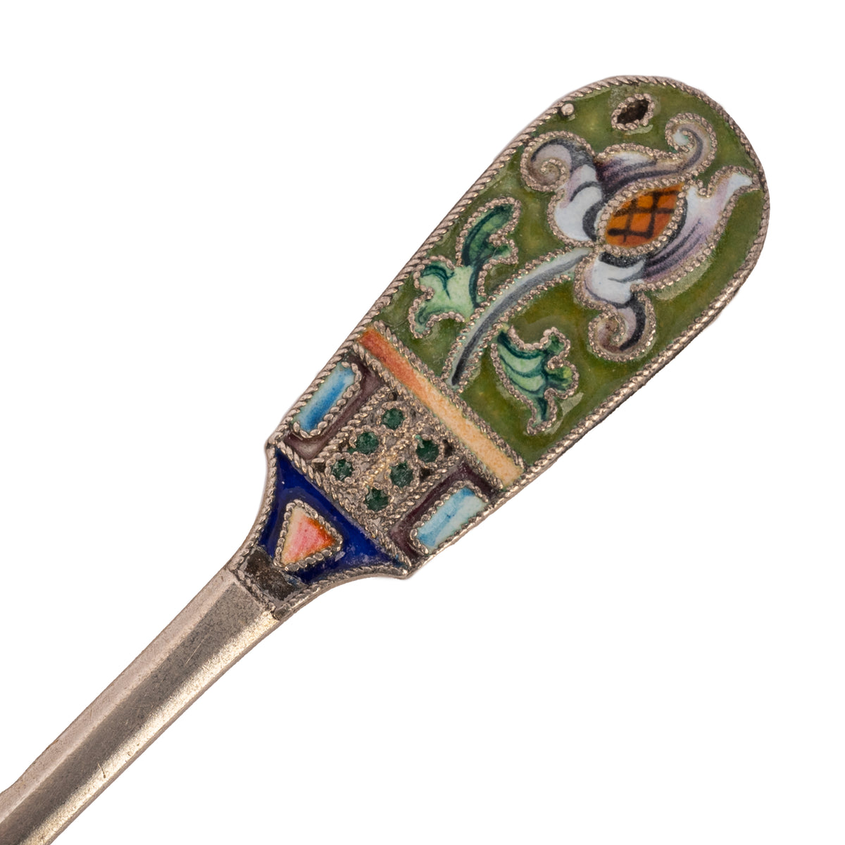 Antique Imperial Russian Silver Gilt Cloisonné Shovel Caddy Spoon Moscow, 1908