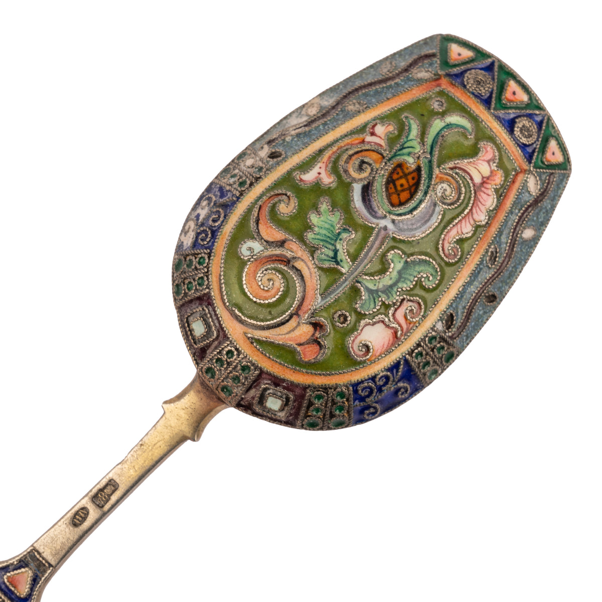 Antique Imperial Russian Silver Gilt Cloisonné Shovel Caddy Spoon Moscow, 1908