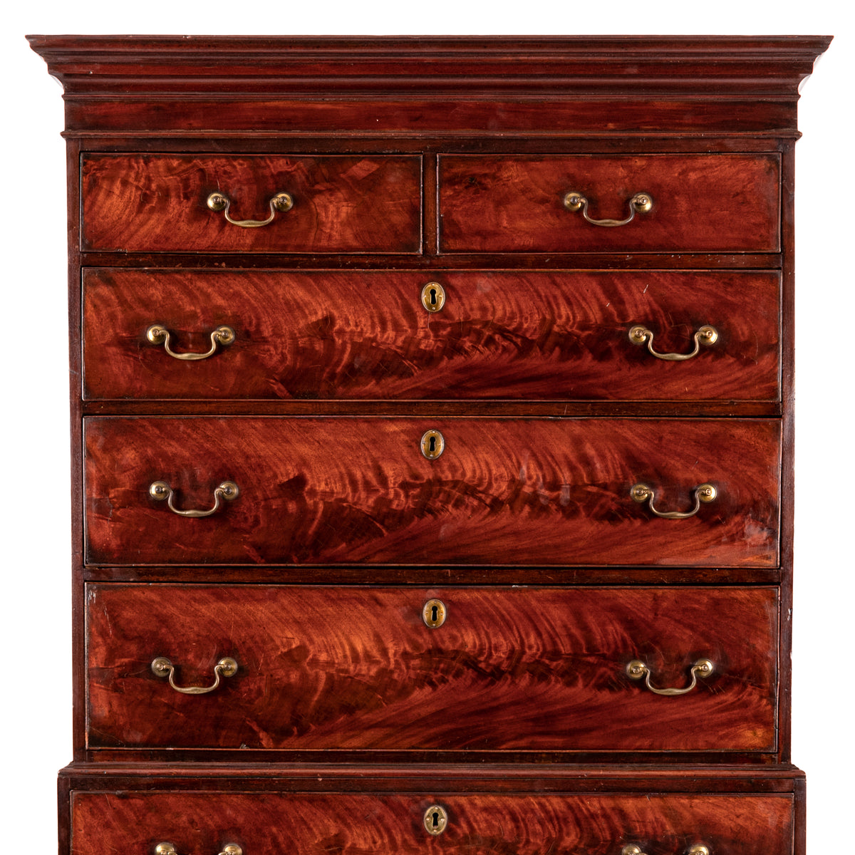 Antique English Georgian George III Figured Cuban Mahogany Chest on Chest, Circa 1780