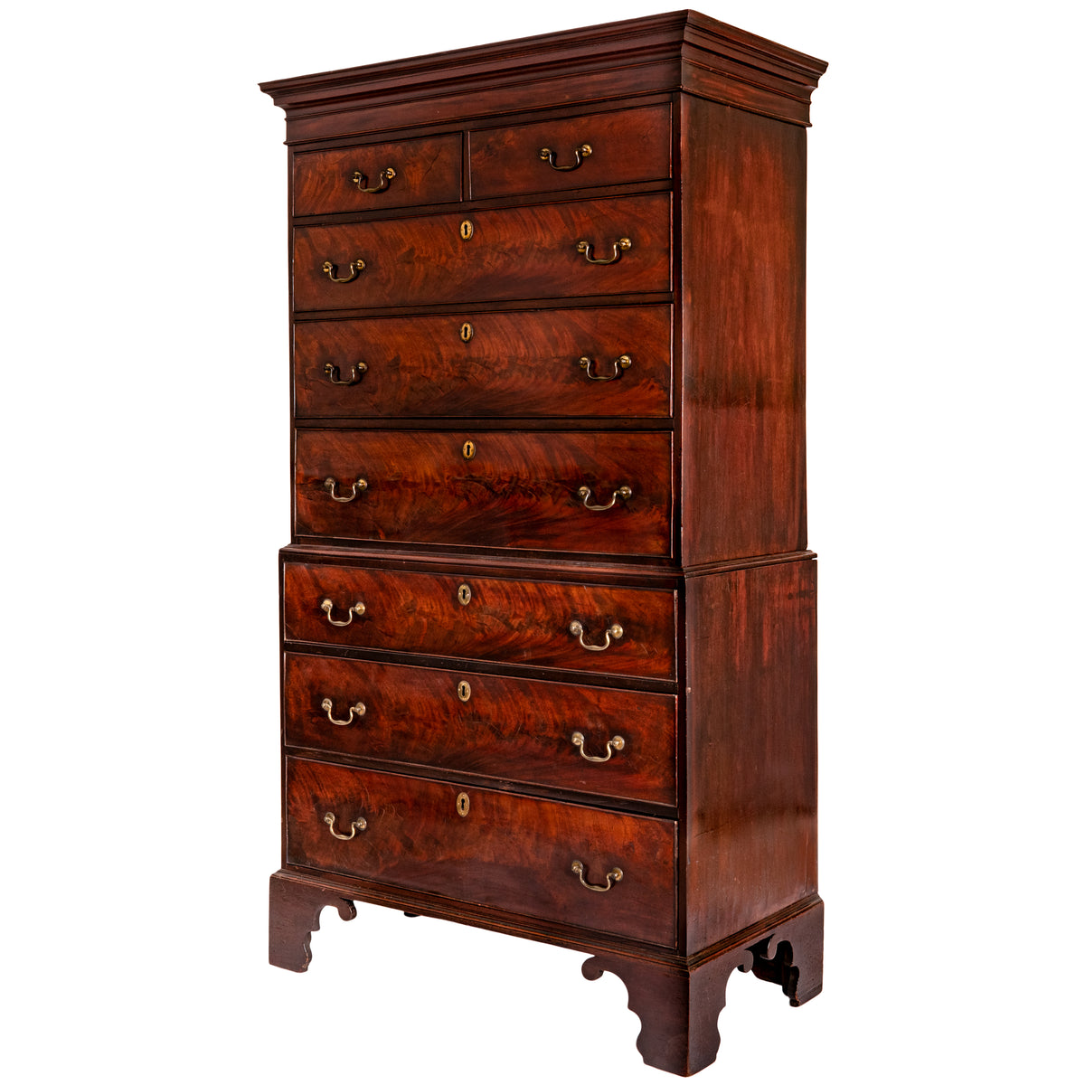 Antique English Georgian George III Figured Cuban Mahogany Chest on Chest, Circa 1780