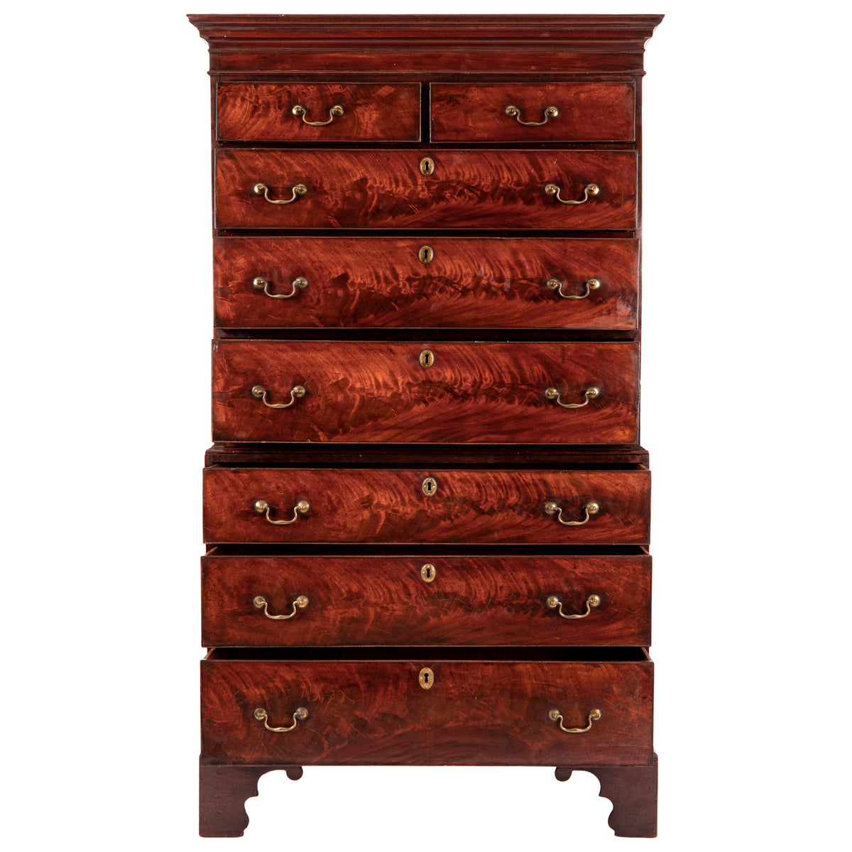 Antique English Georgian George III Figured Cuban Mahogany Chest on Chest, Circa 1780