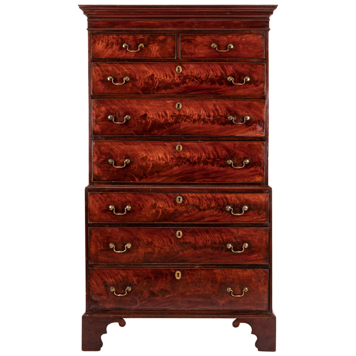 Antique English Georgian George III Figured Cuban Mahogany Chest on Chest, Circa 1780