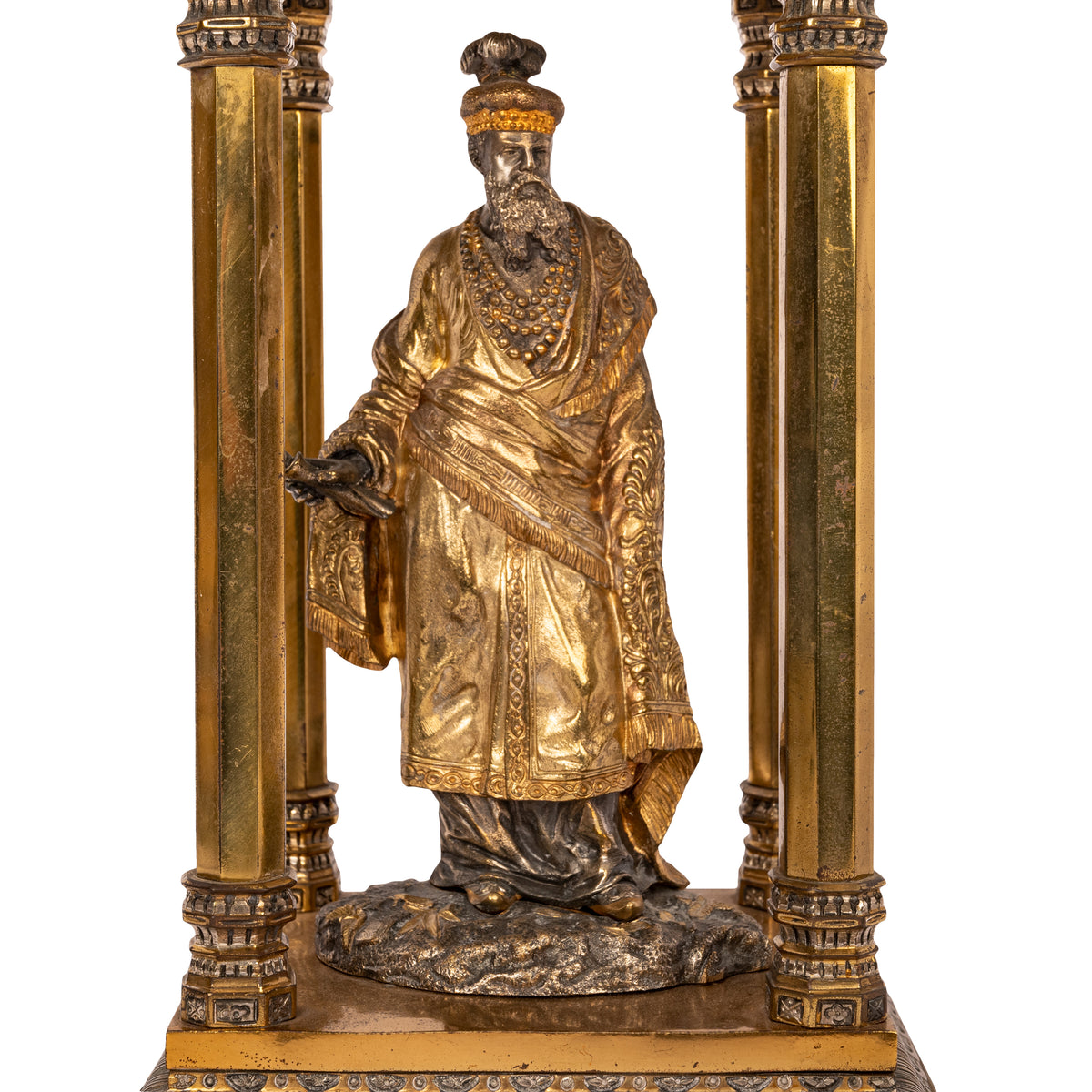 Antique French Orientalist Arab 8 Day Gilt Bronze Statue Clock Garniture, Circa 1880