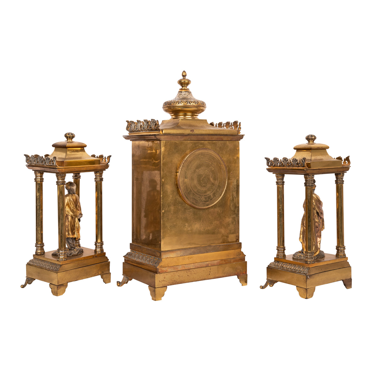 Antique French Orientalist Arab 8 Day Gilt Bronze Statue Clock Garniture, Circa 1880