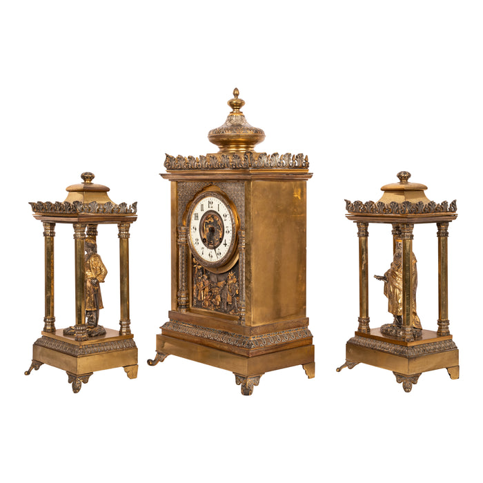 Antique French Orientalist Arab 8 Day Gilt Bronze Statue Clock Garniture, Circa 1880