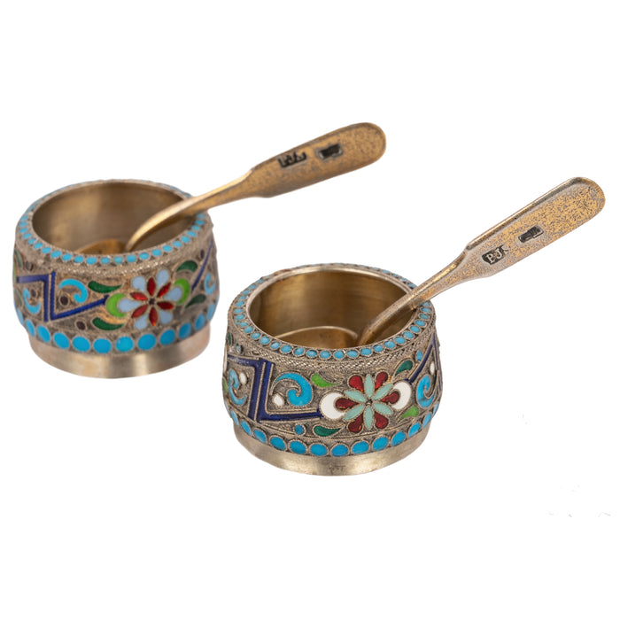 Antique Pair of Russian Silver Gilt Enamel Cloisonné Salts Spoons St. Petersburg, Circa 1908